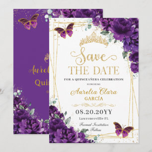 Save The Date Papillons Violet Foncé Or Quinceanera Douce 16