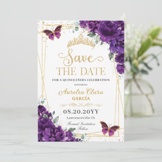 Save The Date Papillons violet foncé Or Quinceanera seize ans do (Debout devant)