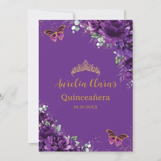 Save The Date Papillons violet foncé Or Quinceanera seize ans do (Dos)