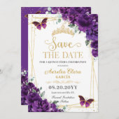Save The Date Papillons violet foncé Or Quinceanera seize ans do (Devant / Derrière)