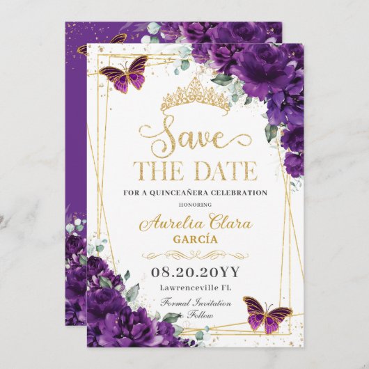 Save The Date Papillons violet foncé Or Quinceanera seize ans do (Devant / Derrière)