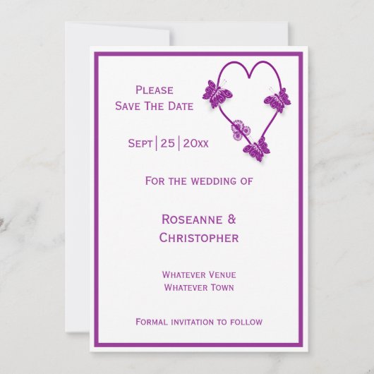 Save The Date Papillons violets Mariage de conception cardiaque (Devant)