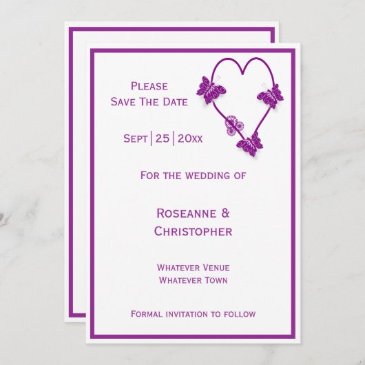 Save The Date Papillons violets Mariage de conception cardiaque (Devant / Derrière)