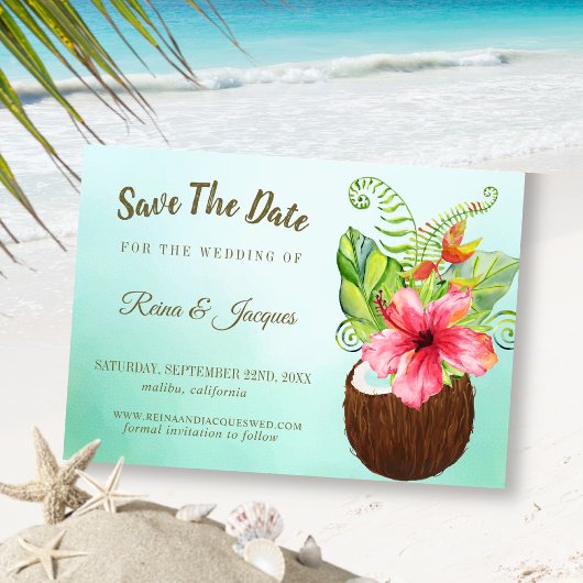 Save The Date Paradis tropical Cocotier Floral Bouquet Mariage