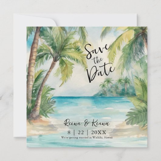 Save The Date Paradise Palms Plage tropicale Mariage (Devant)