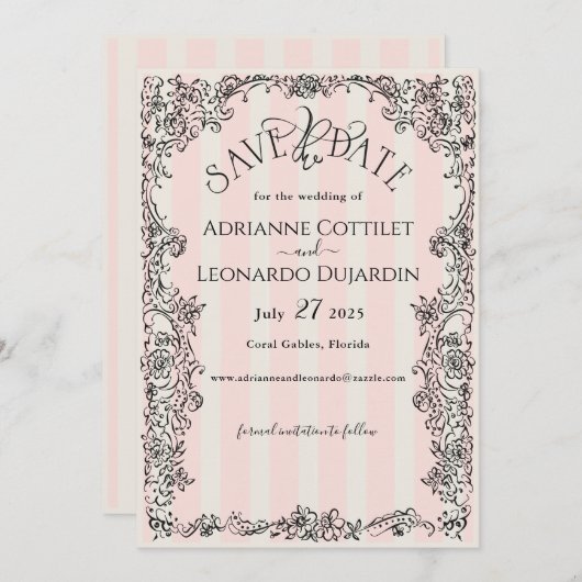 Save The Date Paris Chic Mariage à rayures roses (Devant / Derrière)