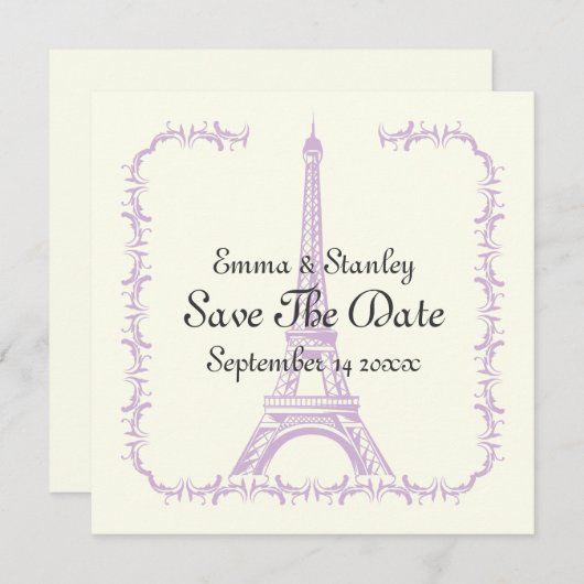 Save The Date Paris mariage violet Tour Eiffel Enregistrer la da (Devant / Derrière)