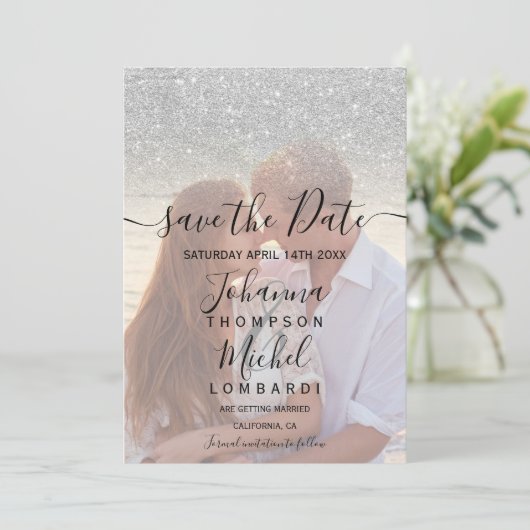 Save The Date Parties scintillant argent ombre photo script enre (Debout devant)