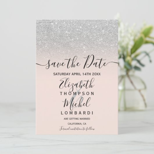 Save The Date Parties scintillant argent ombre script blush enre (Debout devant)