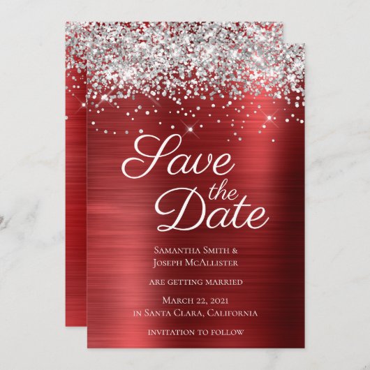 Save The Date Parties scintillant argentée Ruby Red Ombre Foil (Devant / Derrière)
