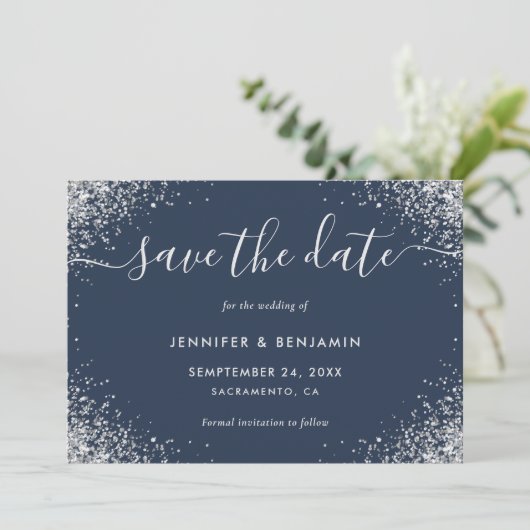 Save The Date Parties scintillant bleu marine moderne et Mariage (Debout devant)