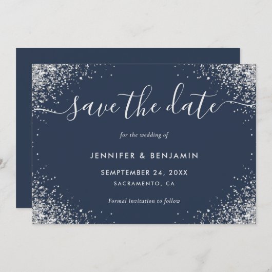 Save The Date Parties scintillant bleu marine moderne et Mariage (Devant / Derrière)