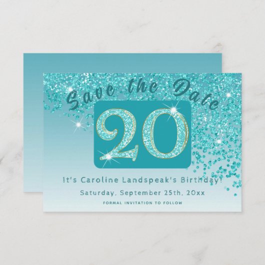 Save The Date Parties scintillant bleu Turquoise brillant pour 2 (Devant / Derrière)