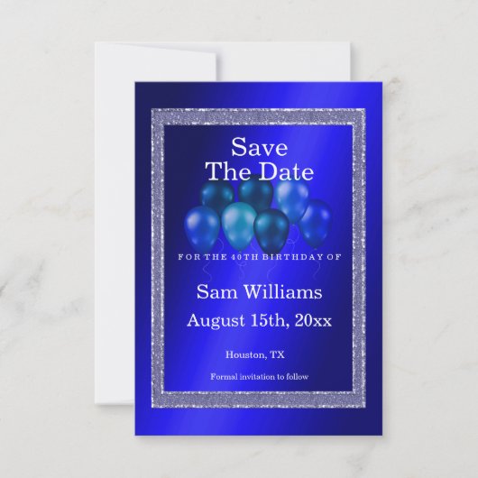 Save The Date Parties scintillant bleues et ballons d'anniversai (Devant)
