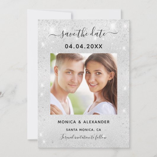 Save The Date Parties scintillant d'argent mariage photo Enregis (Devant)