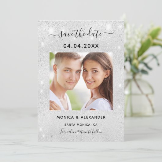 Save The Date Parties scintillant d'argent mariage photo Enregis (Debout devant)