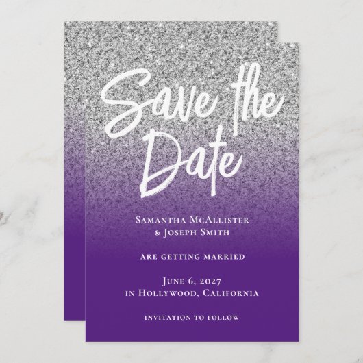 Save The Date Parties scintillant d'argent Royal violet Ombre (Devant / Derrière)