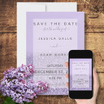 Save The Date Parties scintillant de lavande Mariage moderne<br><div class="desc">Ce mariage Save the Date card fait partie des cartes Lavender Parties scintillant Faire-part de mariage Suite créées par Simply Farmhouse Press. C'est simple et élégant avec un look moderne et un peu de glamour.</div>