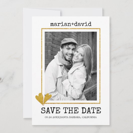 Save The Date Parties scintillant d'or coeurs machine à écrire p (Devant)