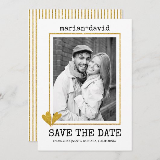 Save The Date Parties scintillant d'or coeurs machine à écrire p (Devant / Derrière)