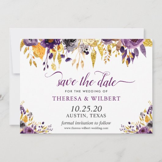 Save The Date Parties scintillant d'or Mariage floral violet Enr (Devant)