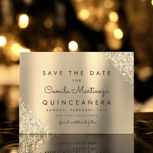 Save The Date Parties scintillant d'or Quinceanera Enregistrer l