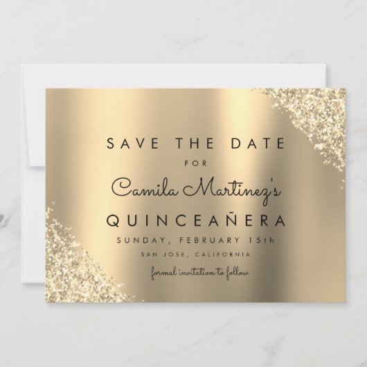Save The Date Parties scintillant d'or Quinceanera Enregistrer l (Devant)