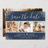 Save The Date Parties scintillant en argent bleu marine Confetti (Devant / Derrière)