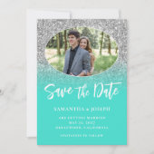 Save The Date Parties scintillant en argent Turquoise Ombre Oval (Devant)