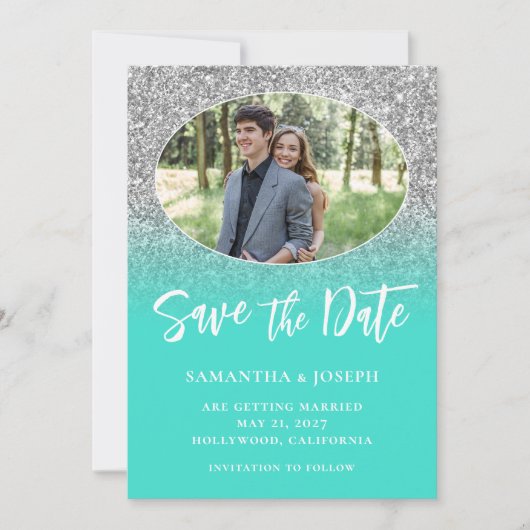 Save The Date Parties scintillant en argent Turquoise Ombre Oval (Devant)