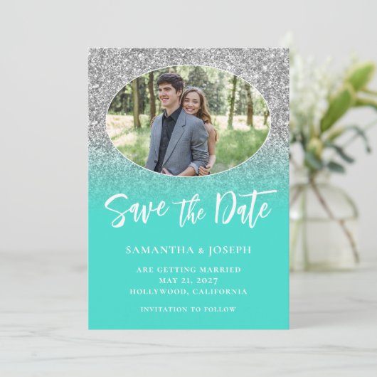 Save The Date Parties scintillant en argent Turquoise Ombre Oval (Debout devant)