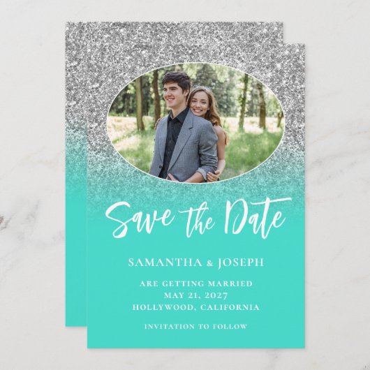 Save The Date Parties scintillant en argent Turquoise Ombre Oval (Devant / Derrière)