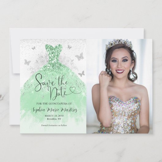 Save The Date Parties scintillant en argent vert Sage Robe Quinc (Devant)