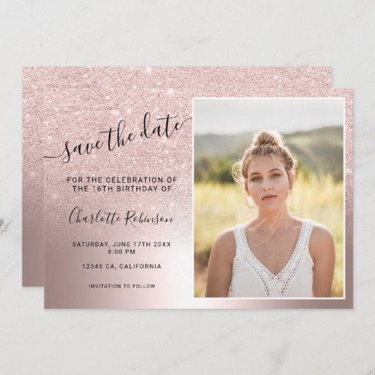 Save The Date parties scintillant en or rose métallique ombre 3  (Devant / Derrière)