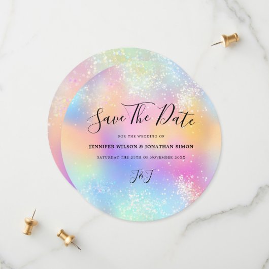 Save The Date Parties scintillant holographique Pastel Wedding E (Devant/Arrière en situation)