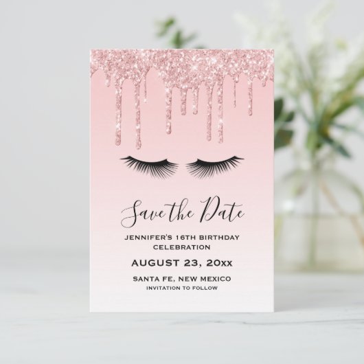 Save The Date Parties scintillant liquide rose moderne et cils A (Debout devant)