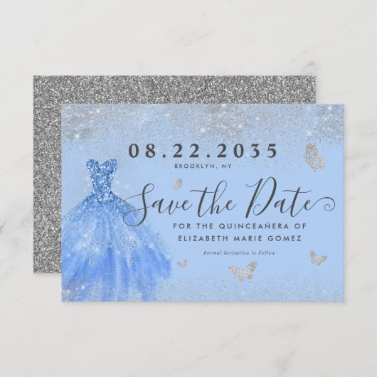Save The Date Parties scintillant moderne Dusty Blue Silver Gown (Devant / Derrière)