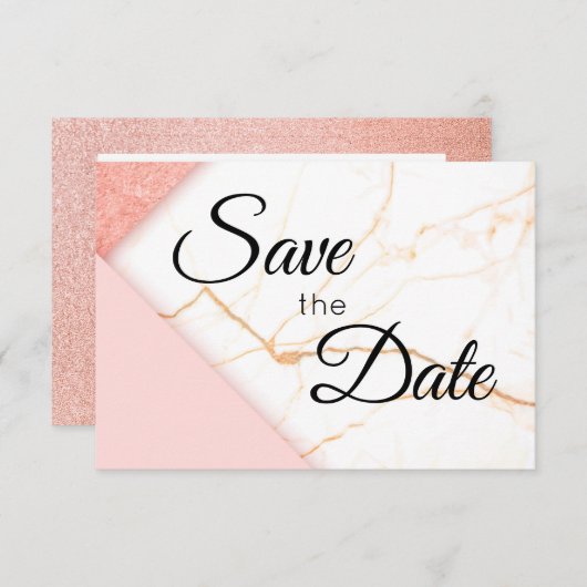 Save The Date Parties scintillant moderne en marbre rose et or (Devant / Derrière)