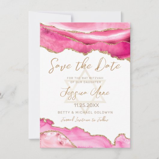 Save The Date Parties scintillant moderne rose or Bat mitzvah d' (Devant)