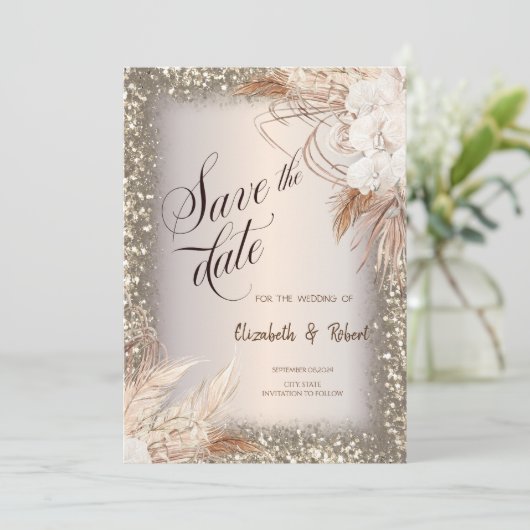 Save The Date Parties scintillant Pampas Fleurs Grass Enregistre (Debout devant)