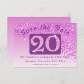 Save The Date Parties scintillant rose brillant pour 20e anniver (Devant / Derrière)