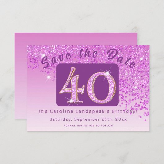 Save The Date Parties scintillant rose brillant pour 40e anniver (Devant / Derrière)