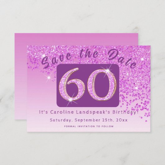 Save The Date Parties scintillant rose brillant pour 60e anniver (Devant / Derrière)