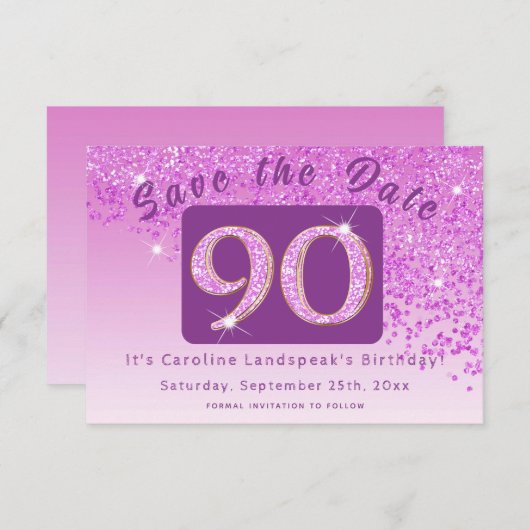 Save The Date Parties scintillant rose brillant pour 90e anniver (Devant / Derrière)