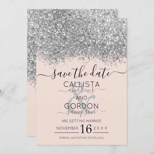 Save The Date Parties scintillant Silver Blush de luxe Confetti  (Devant / Derrière)