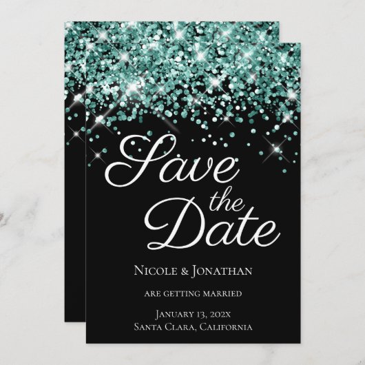 Save The Date Parties scintillant Turquoise éclatante Noire Élég (Devant / Derrière)