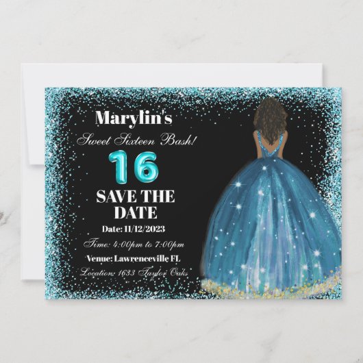 Save The Date Parties scintillant Turquoise Princess Sweet 16 Fo (Devant)