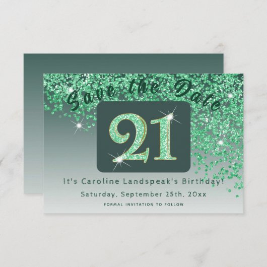Save The Date Parties scintillant verte brillante pour 21e anniv (Devant / Derrière)