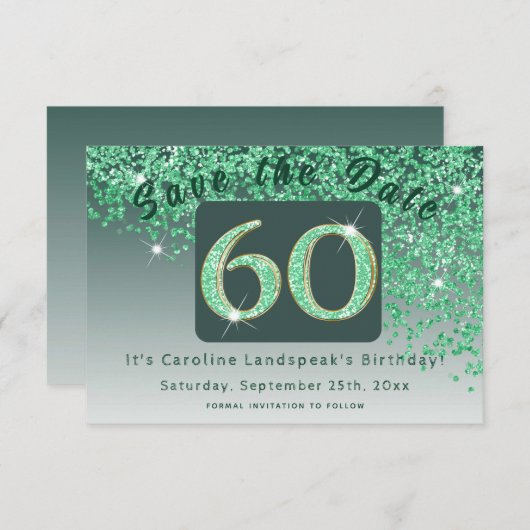 Save The Date Parties scintillant verte brillante pour 60e anniv (Devant / Derrière)