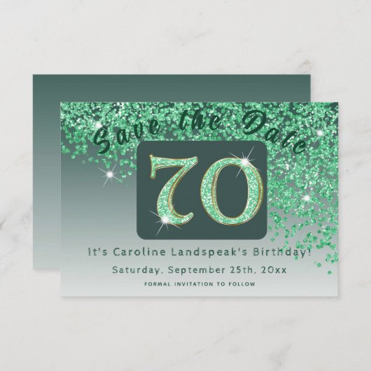 Save The Date Parties scintillant verte brillante pour 70e anniv (Devant / Derrière)